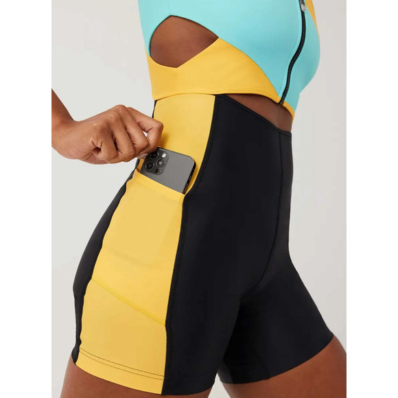 OUTDOOR VOICES SplashKnit 6" Bodysuit Small Colorblock Black Teal Yellow NWT - Picture 2 of 8